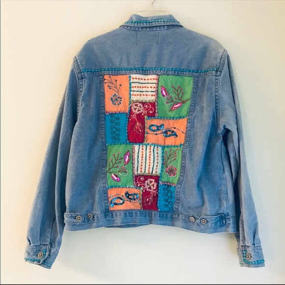 Vintage Ladies Patchwork Quilt Sequin Jean Jacket - Picture 5 of 8